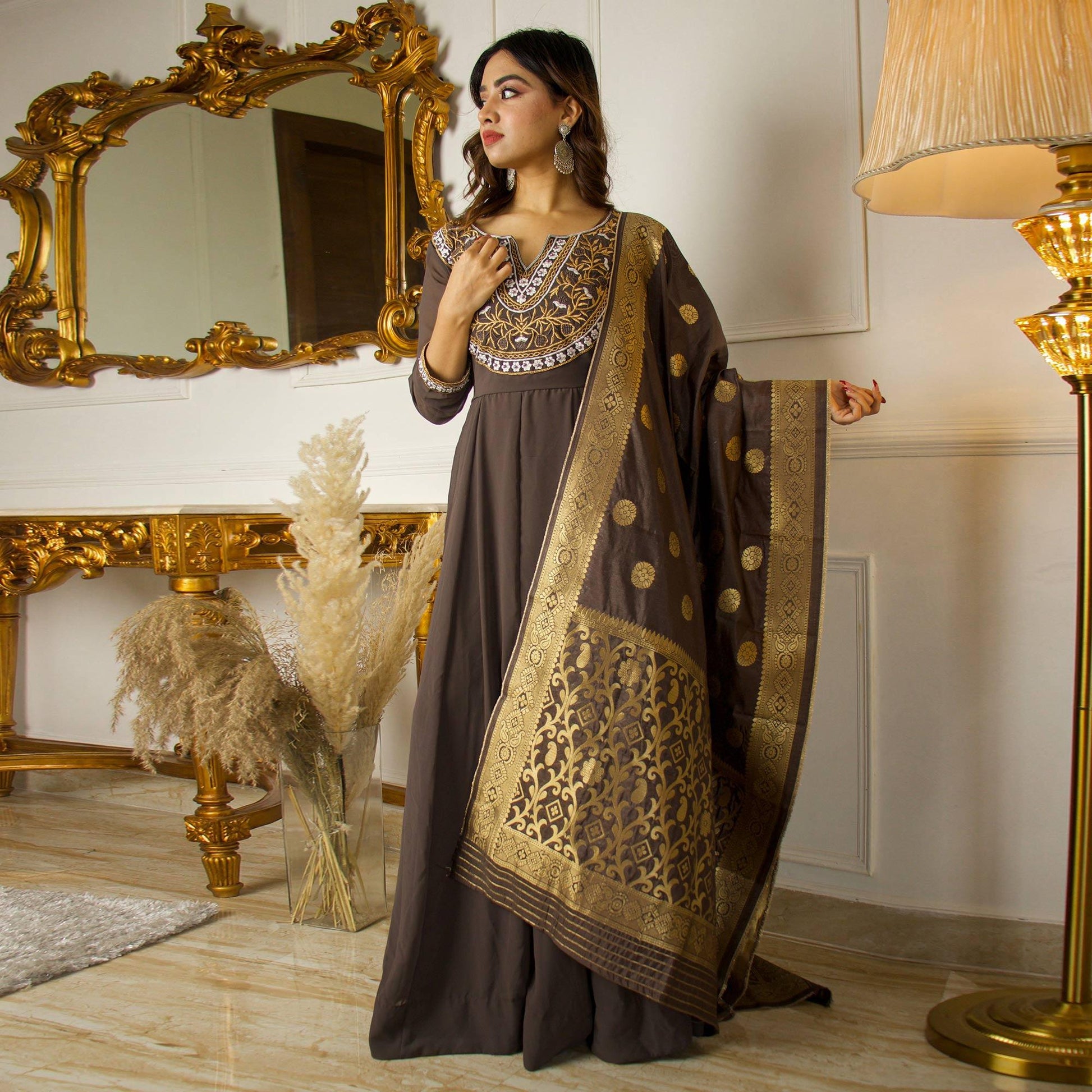 Brown Floral Embroidered Georgette Partywear Gown With Dupatta