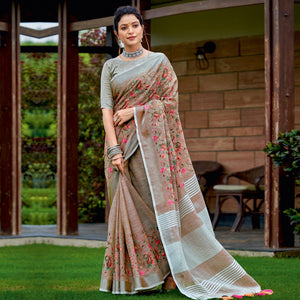 Brown Floral Embroidered Linen Saree With Tassels