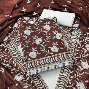 Brown Floral Embroidered Muslin Dress Material