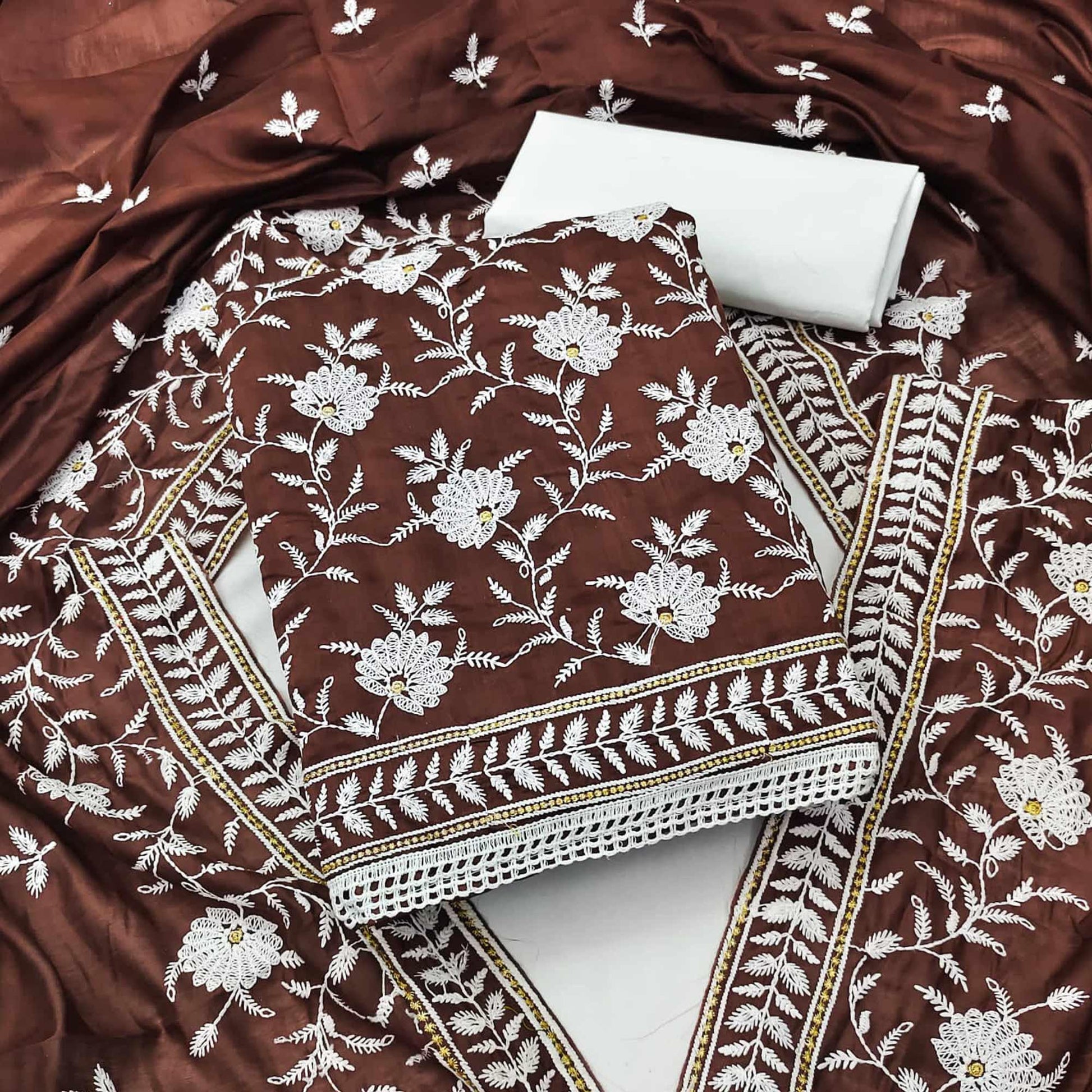Brown Floral Embroidered Muslin Dress Material
