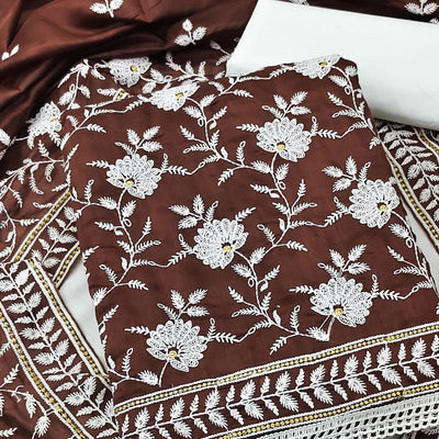 Brown Floral Embroidered Muslin Dress Material