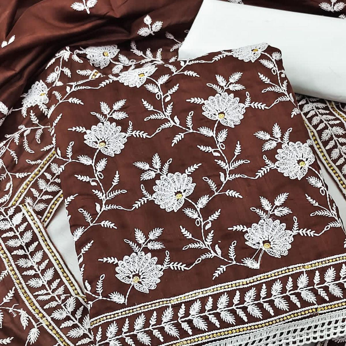 Brown Floral Embroidered Muslin Dress Material