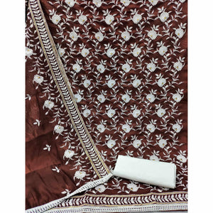 Brown Floral Embroidered Muslin Dress Material