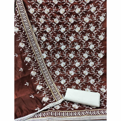 Brown Floral Embroidered Muslin Dress Material