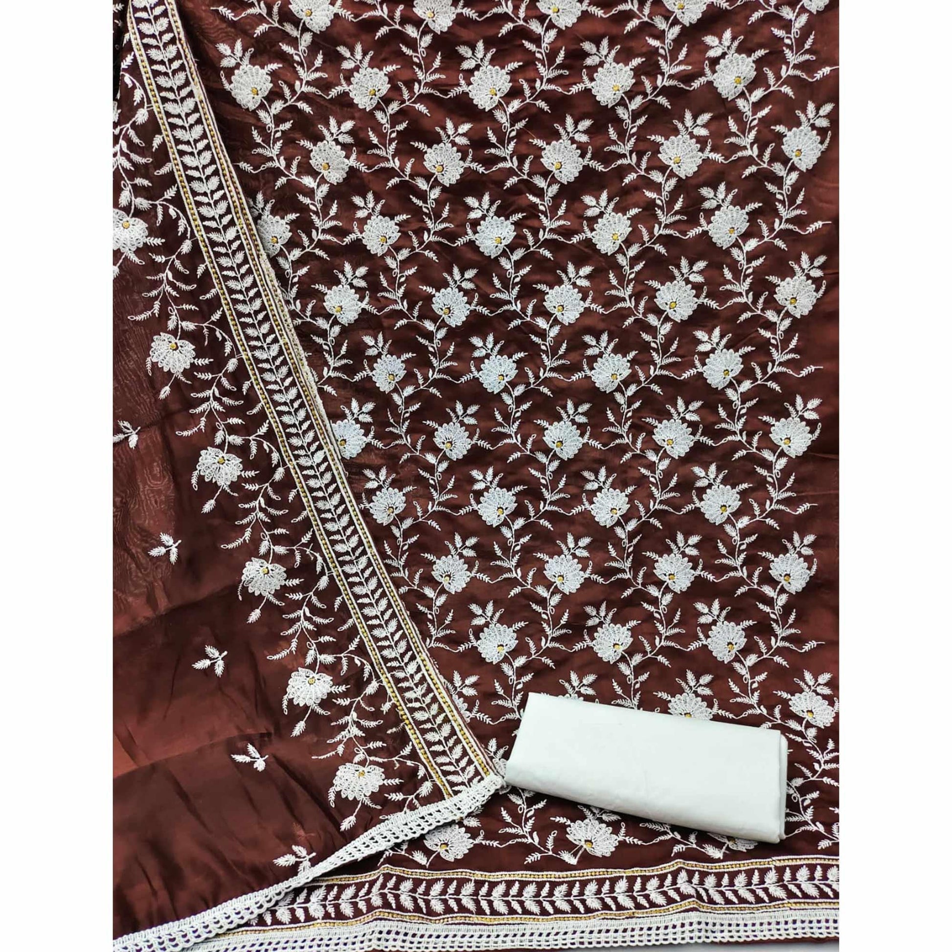 Brown Floral Embroidered Muslin Dress Material