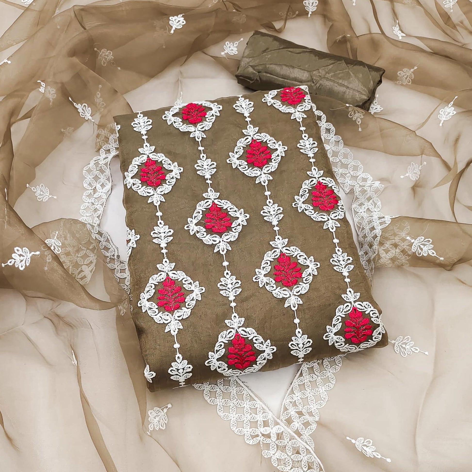 Brown Floral Embroidered Organza Dress Material