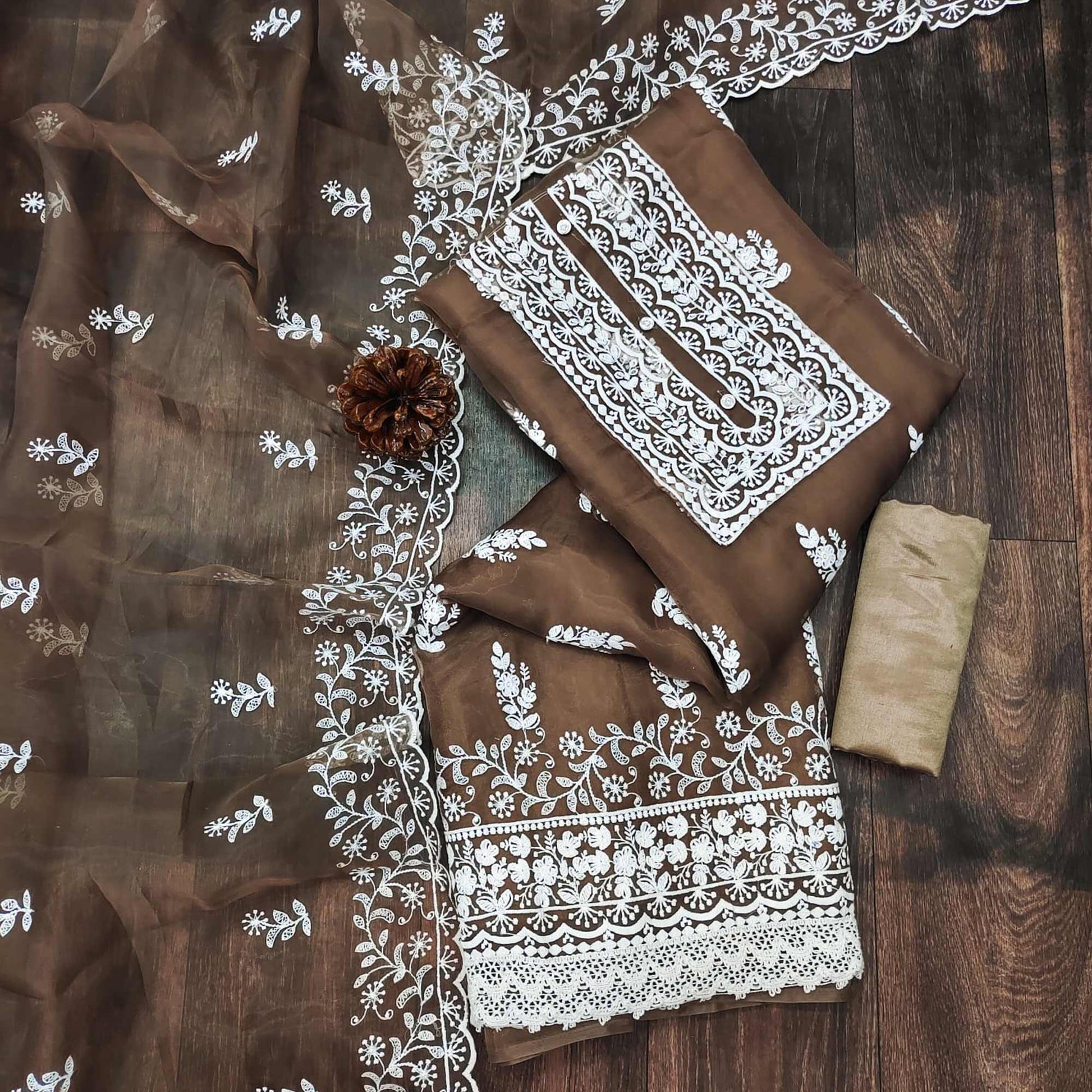 Brown Floral Embroidered Organza Dress Material