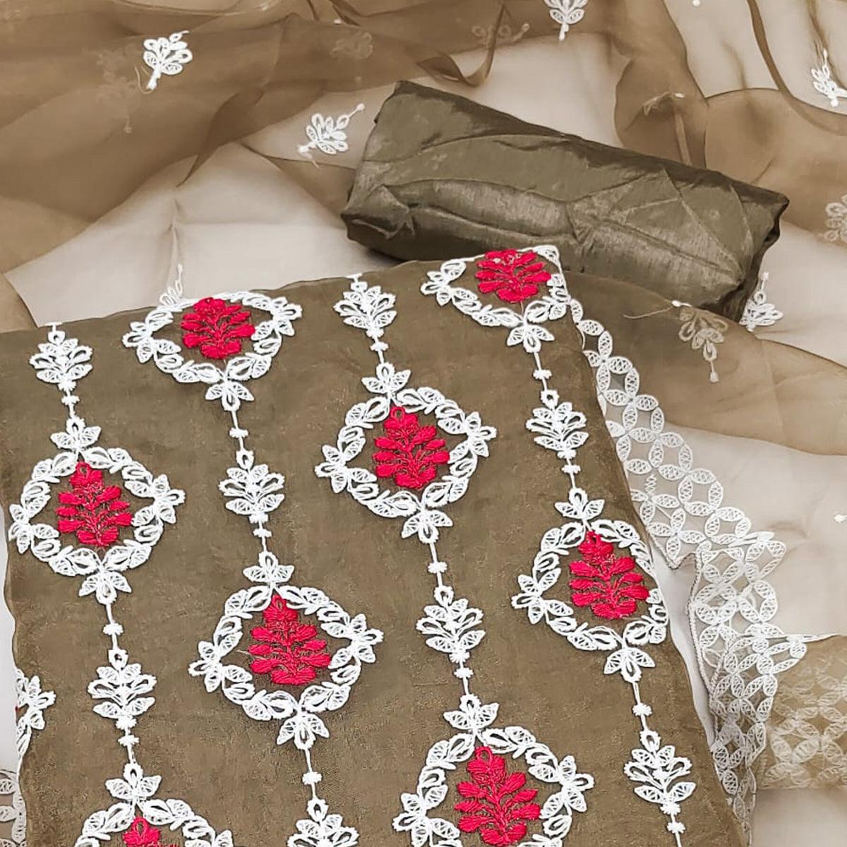 Brown Floral Embroidered Organza Dress Material