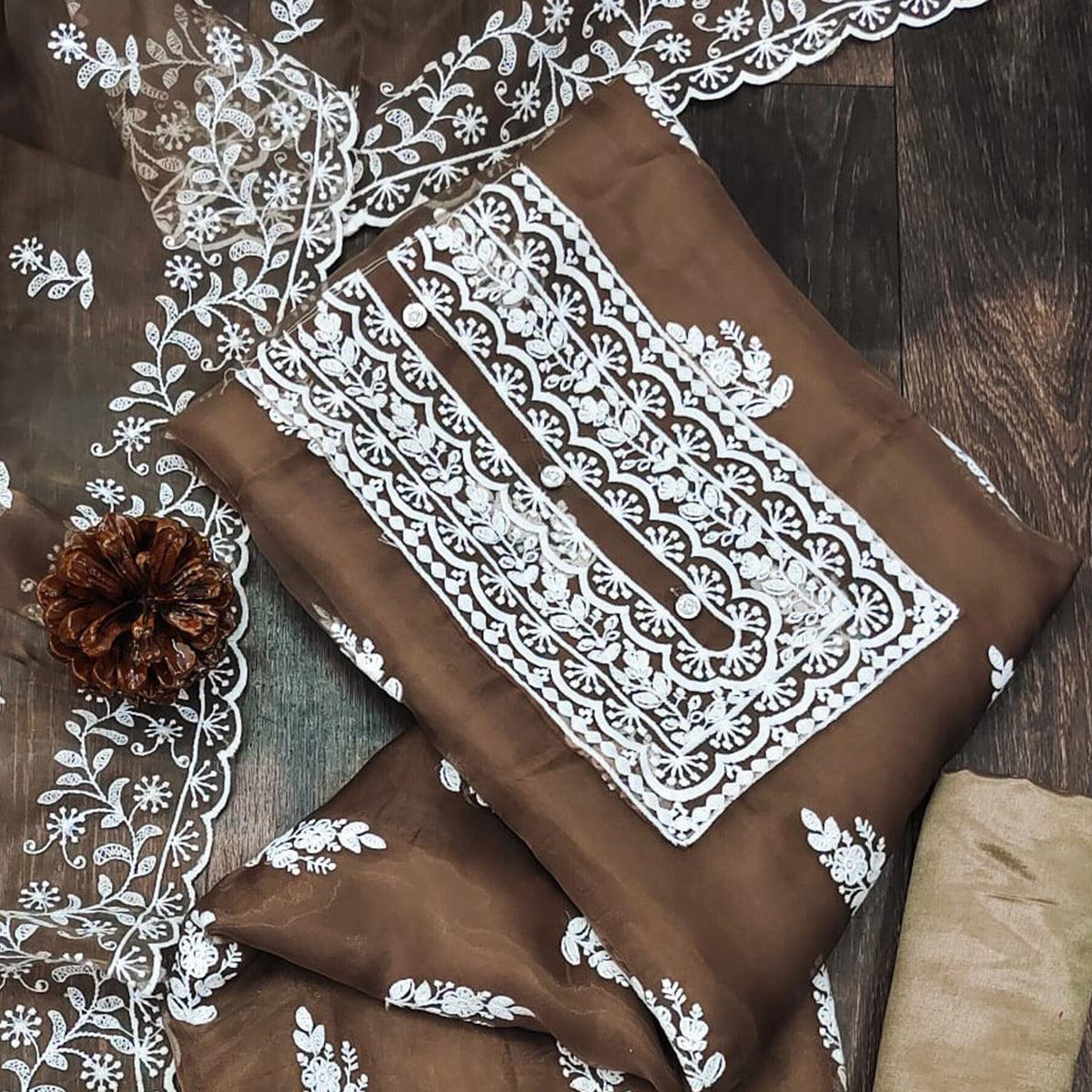 Brown Floral Embroidered Organza Dress Material