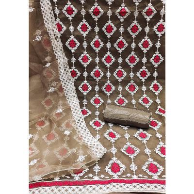 Brown Floral Embroidered Organza Dress Material