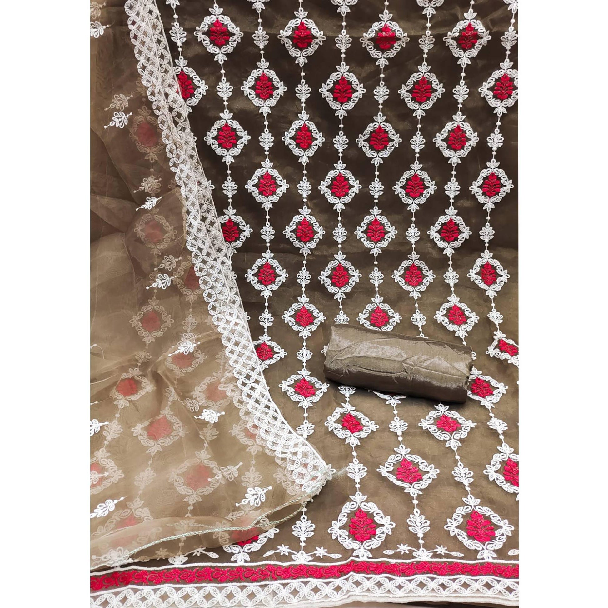 Brown Floral Embroidered Organza Dress Material