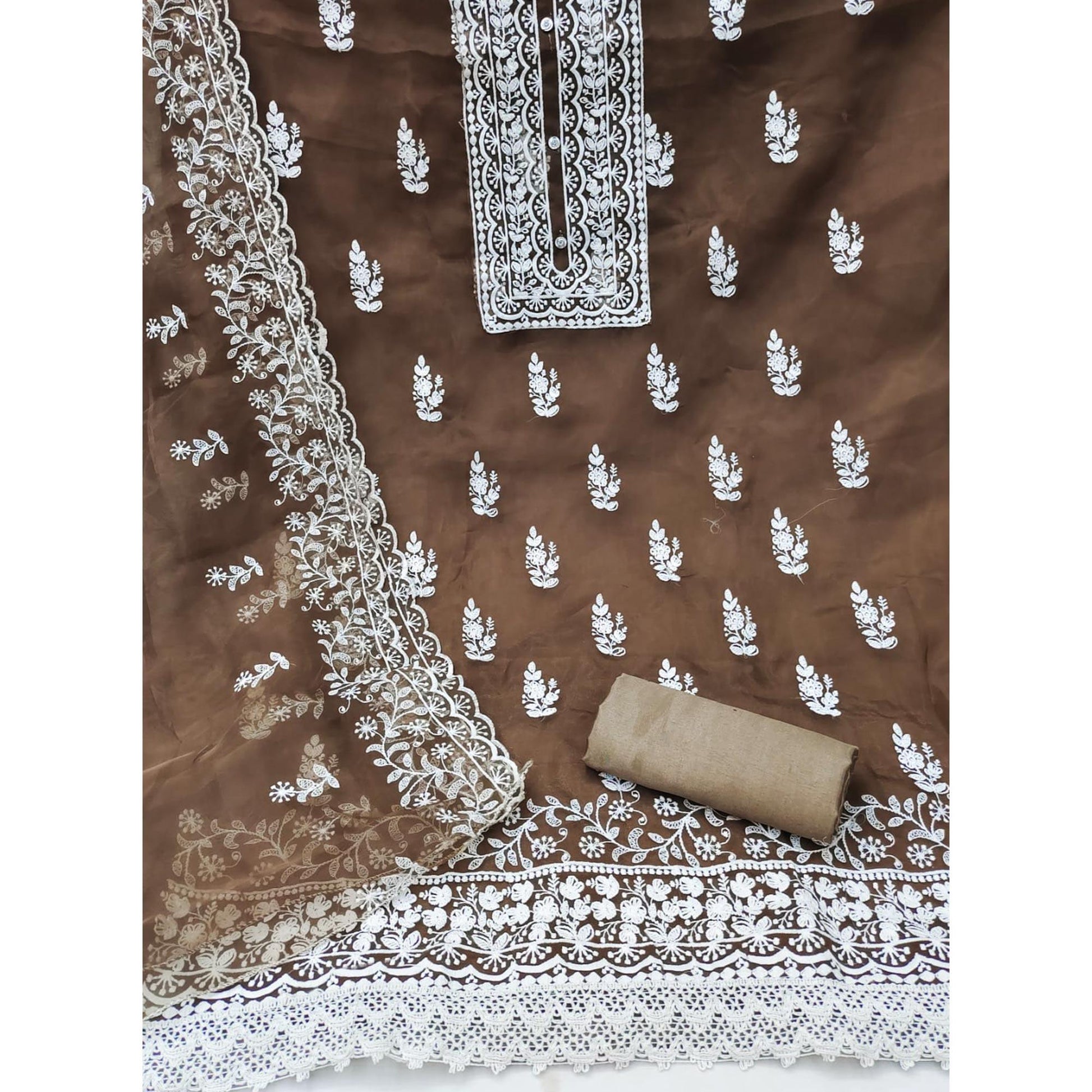Brown Floral Embroidered Organza Dress Material