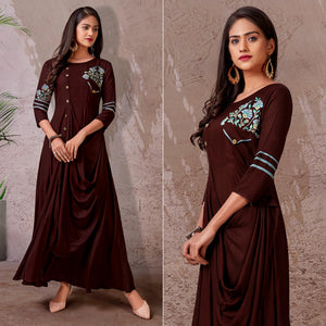 Brown Floral Embroidered Rayon Gown