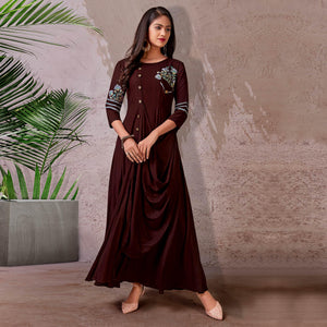 Brown Floral Embroidered Rayon Gown