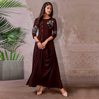 Brown Floral Embroidered Rayon Gown