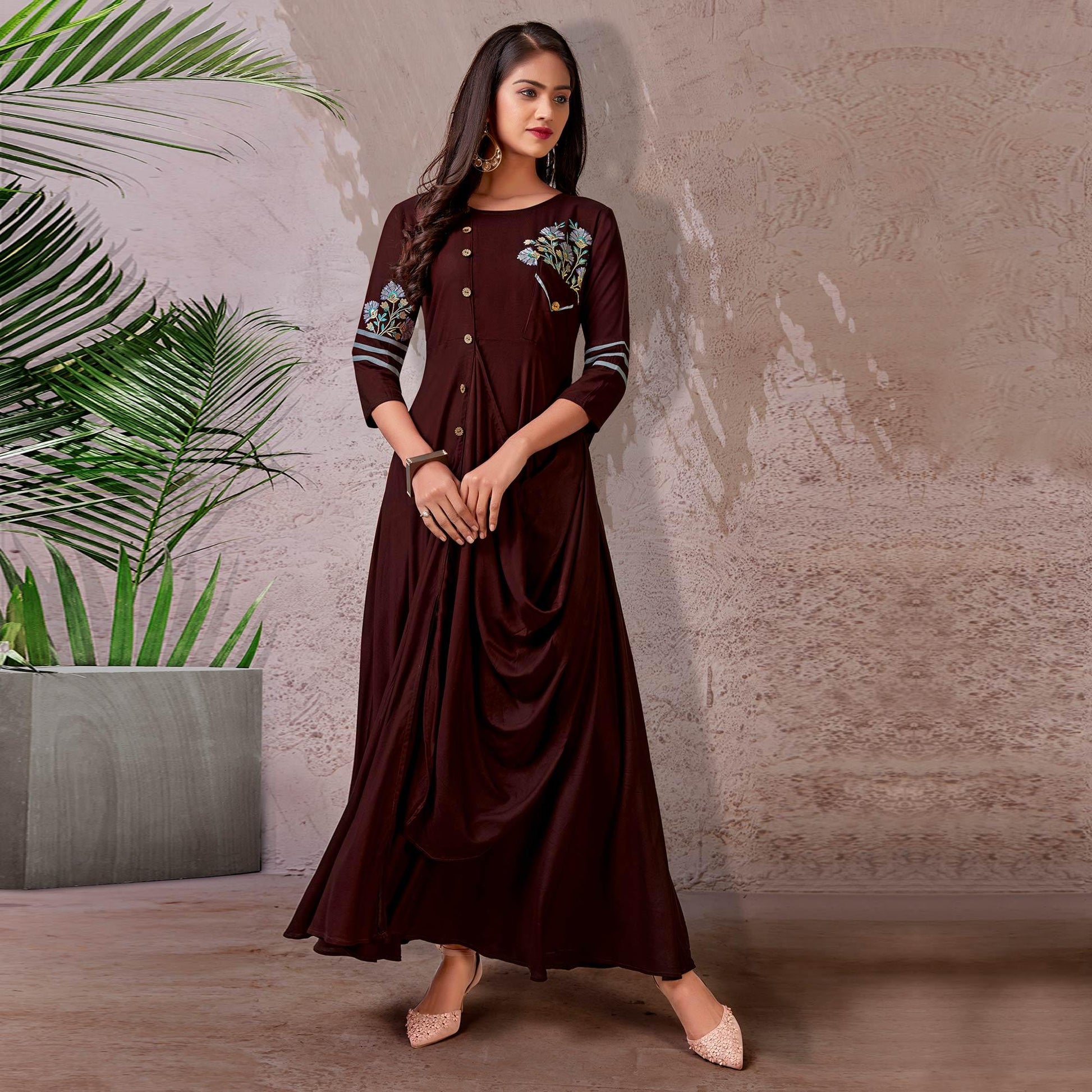 Brown Floral Embroidered Rayon Gown