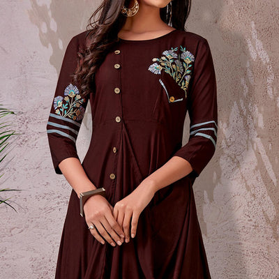 Brown Floral Embroidered Rayon Gown