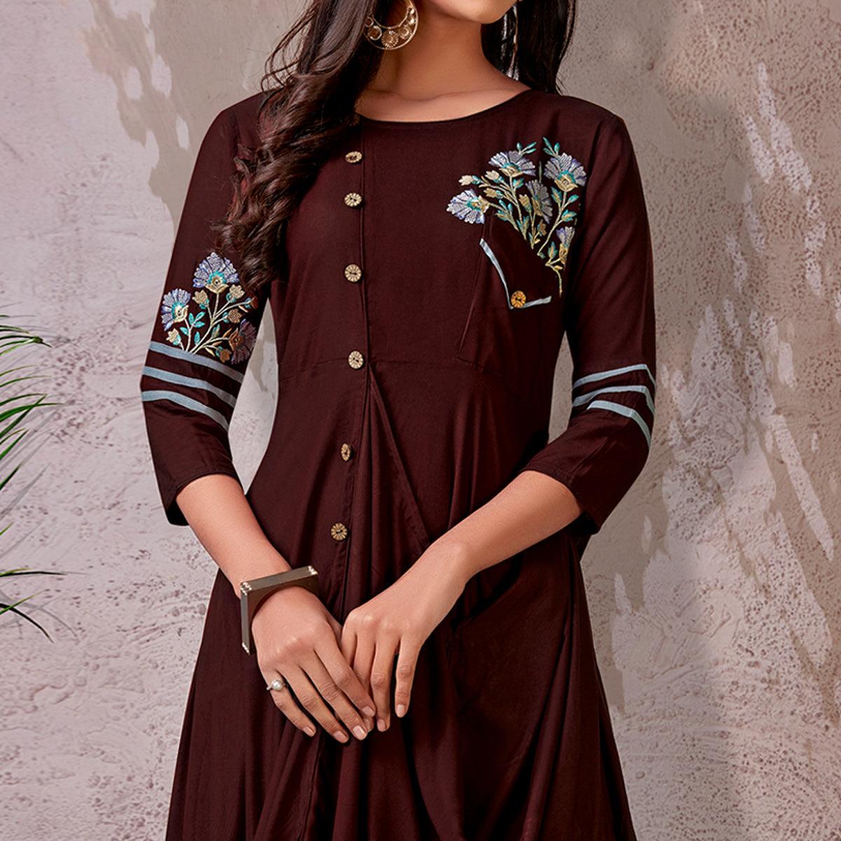 Brown Floral Embroidered Rayon Gown