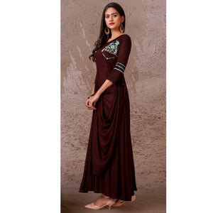 Brown Floral Embroidered Rayon Gown