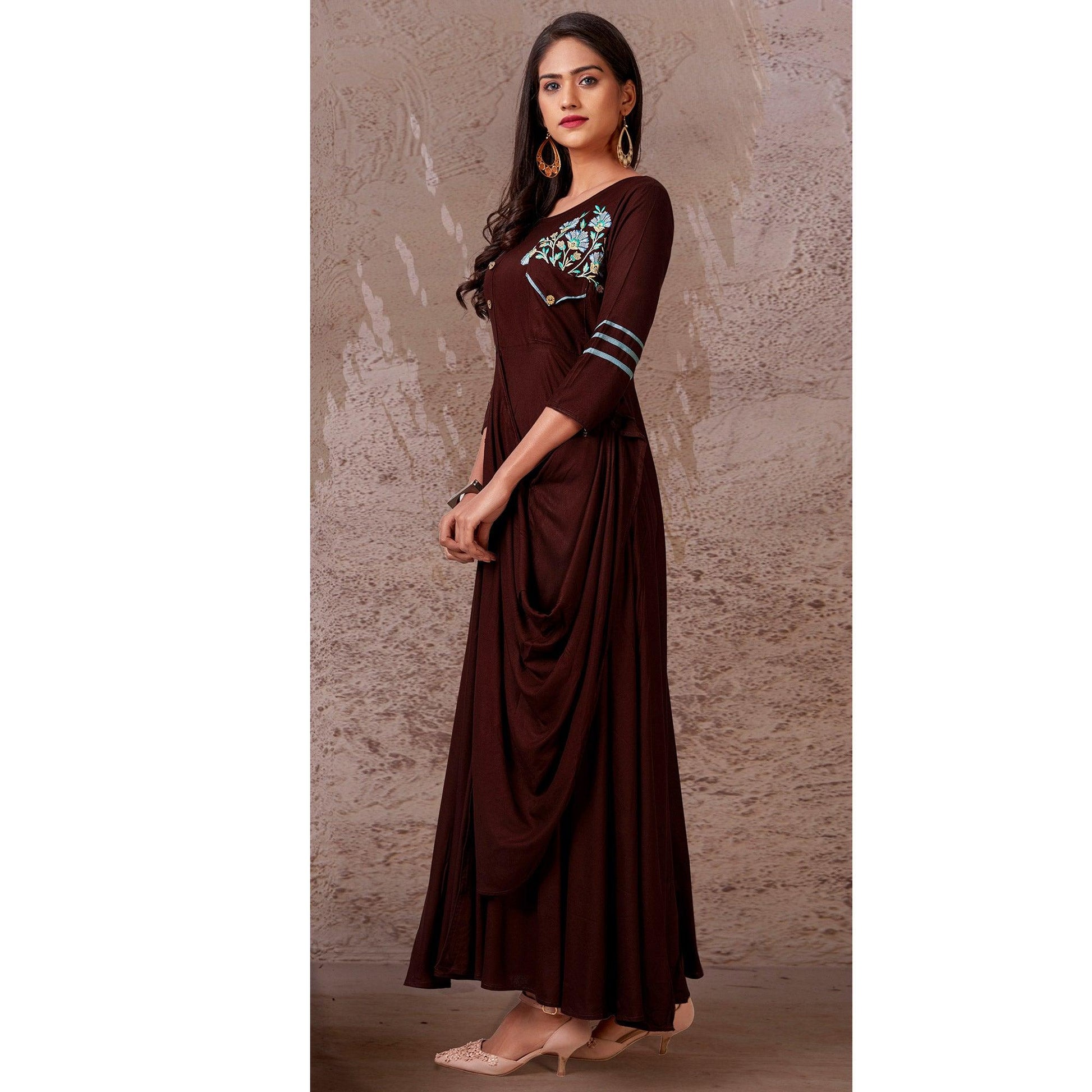 Brown Floral Embroidered Rayon Gown