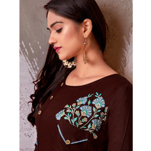 Brown Floral Embroidered Rayon Gown