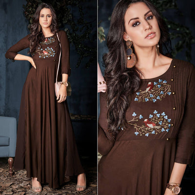 Brown Floral Embroidered Rayon Long Kurti