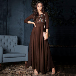 Brown Floral Embroidered Rayon Long Kurti