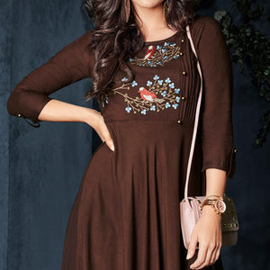 Brown Floral Embroidered Rayon Long Kurti