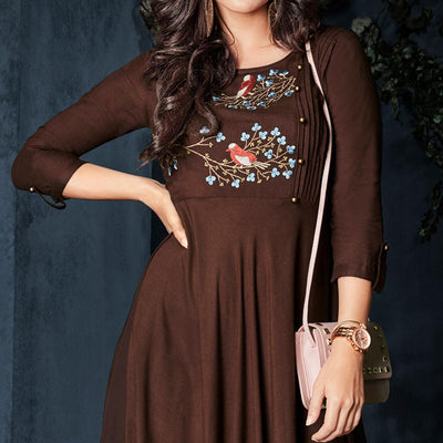 Brown Floral Embroidered Rayon Long Kurti