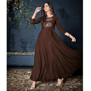 Brown Floral Embroidered Rayon Long Kurti