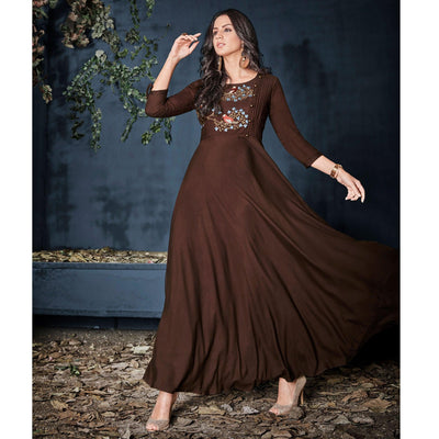 Brown Floral Embroidered Rayon Long Kurti