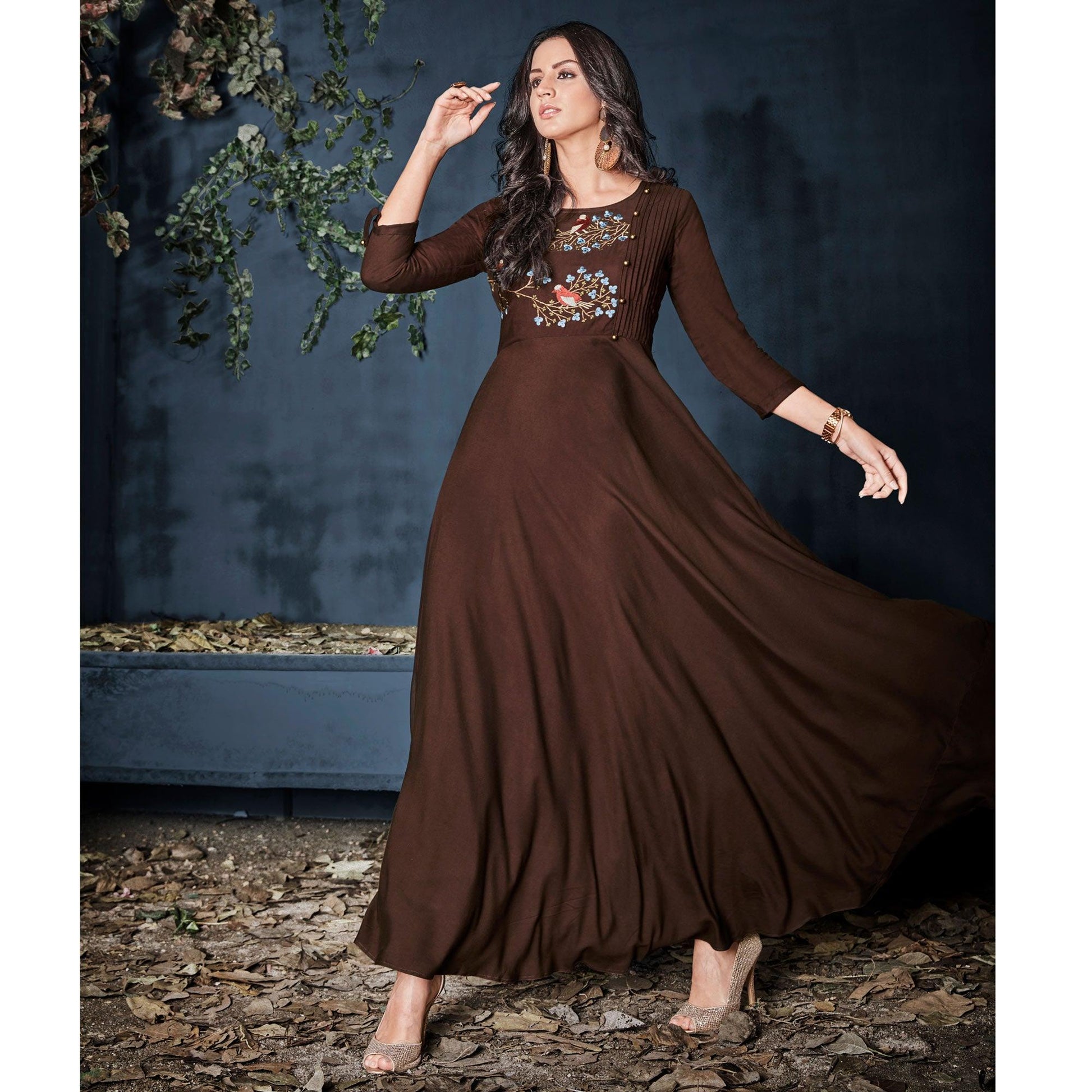 Brown Floral Embroidered Rayon Long Kurti
