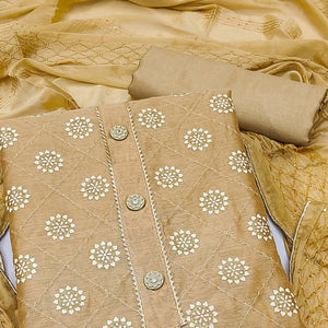 Brown Floral Embroidered With Gota Patti Chanderi Dress Material