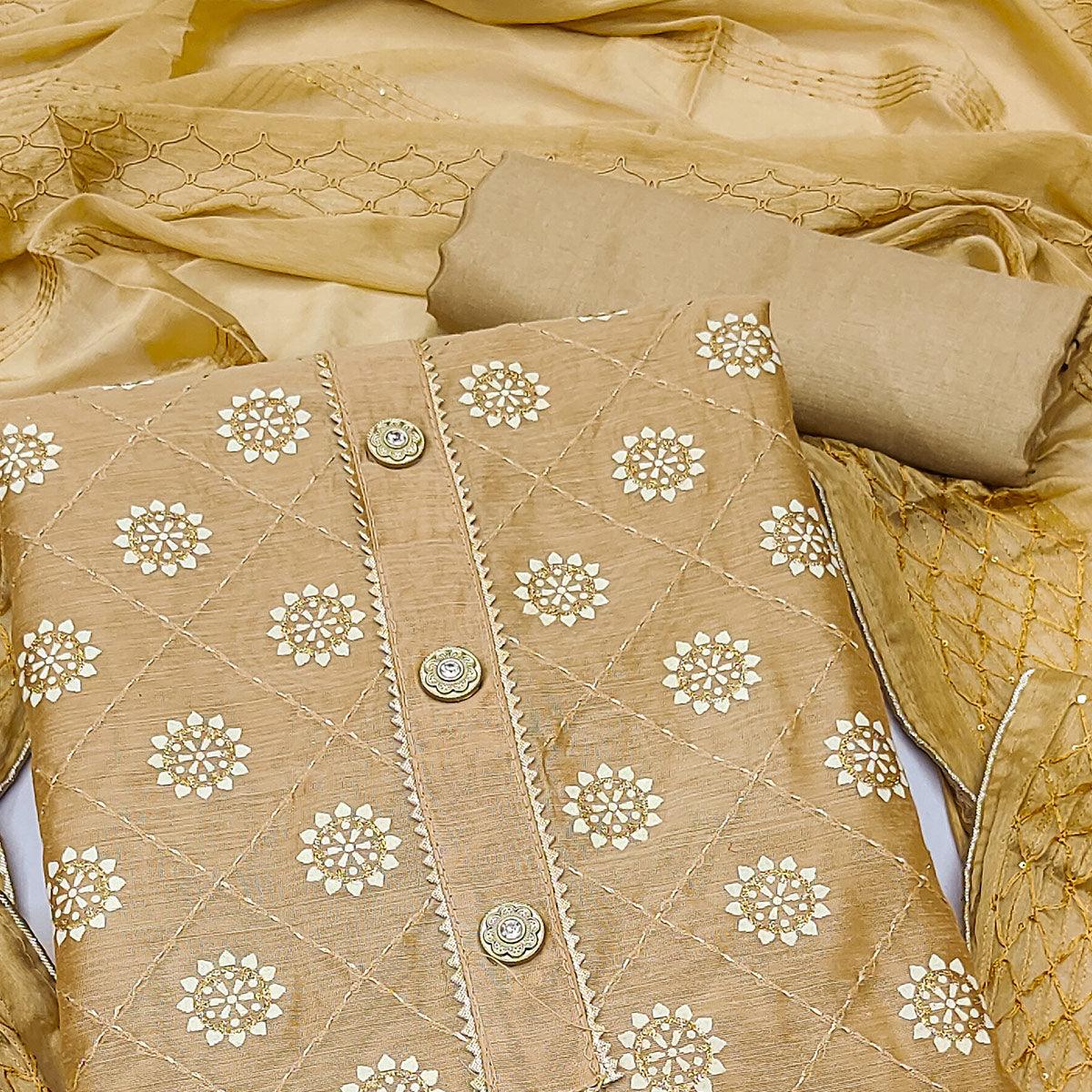 Brown Floral Embroidered With Gota Patti Chanderi Dress Material