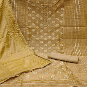 Brown Floral Embroidered With Gota Patti Chanderi Dress Material