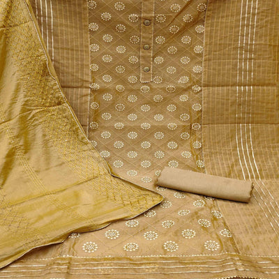 Brown Floral Embroidered With Gota Patti Chanderi Dress Material