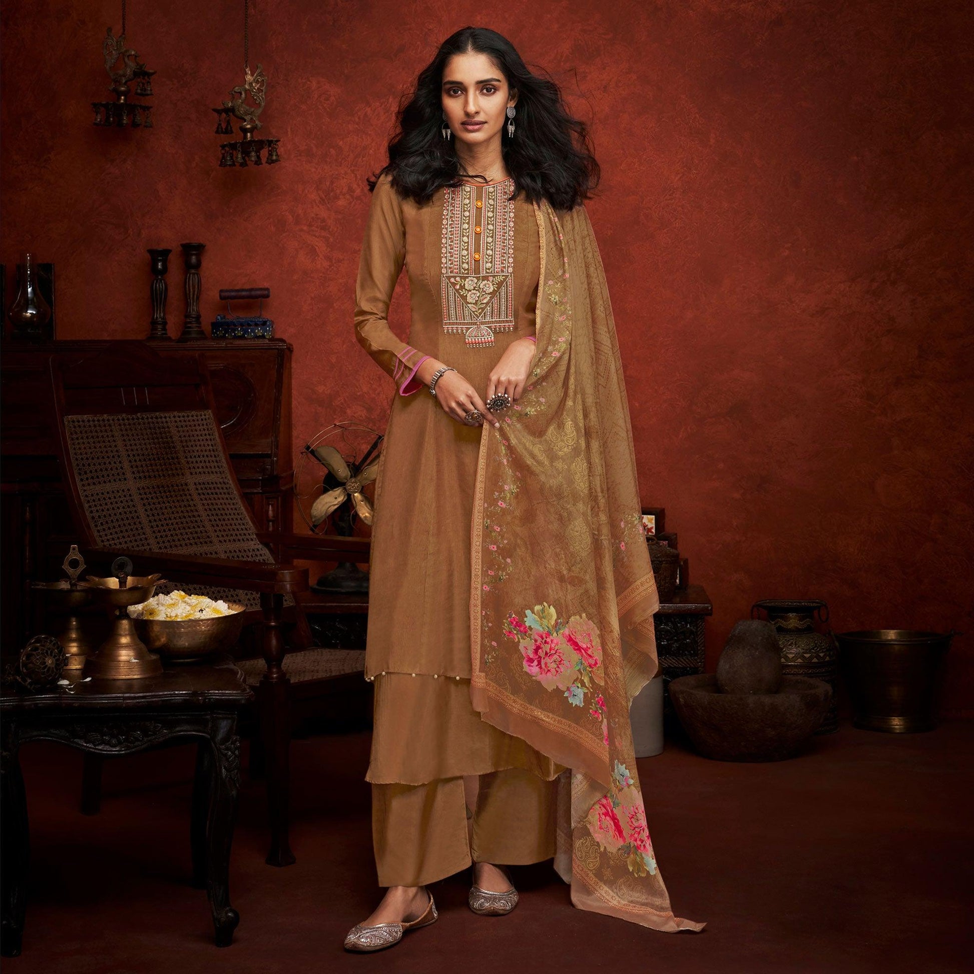 Brown Floral Embroidery With Print Pure Viscose Partywear Suit