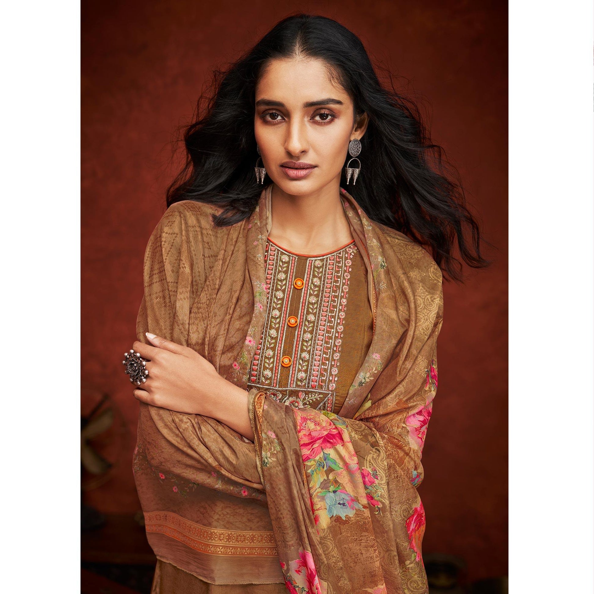 Brown Floral Embroidery With Print Pure Viscose Partywear Suit