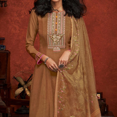Brown Floral Embroidery With Print Pure Viscose Partywear Suit