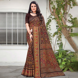 Brown Floral Printed Art Silk Saree