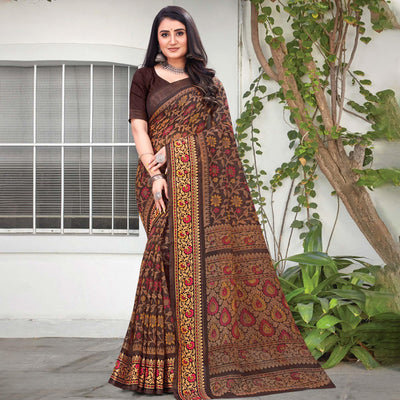 Brown Floral Printed Art Silk Saree