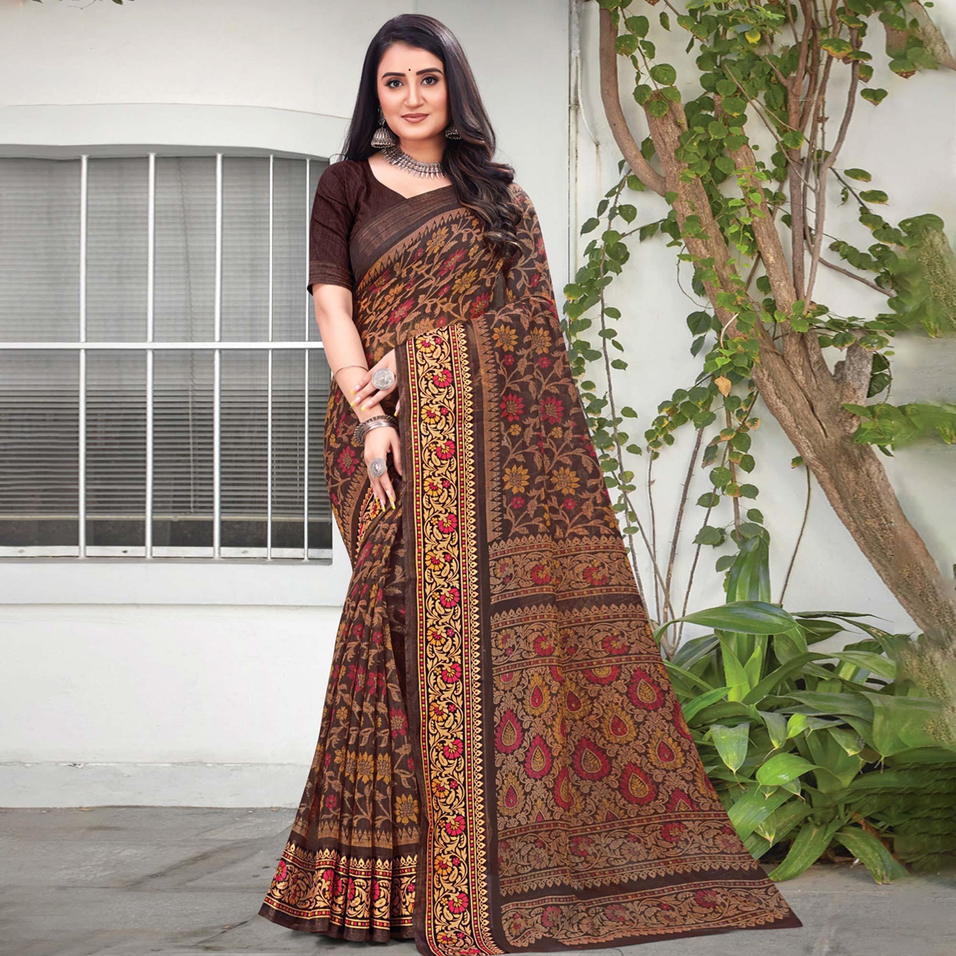 Brown Floral Printed Art Silk Saree