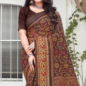 Brown Floral Printed Art Silk Saree