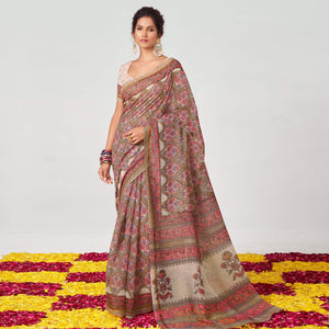 Brown Floral Printed Chanderi Saree