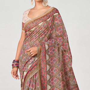 Brown Floral Printed Chanderi Saree