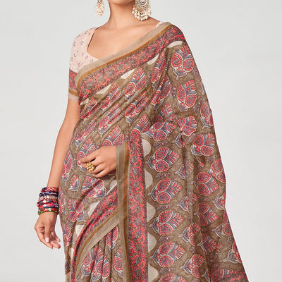 Brown Floral Printed Chanderi Saree