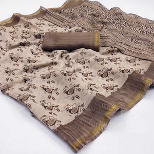 Brown Floral Printed Cotton Blend Saree