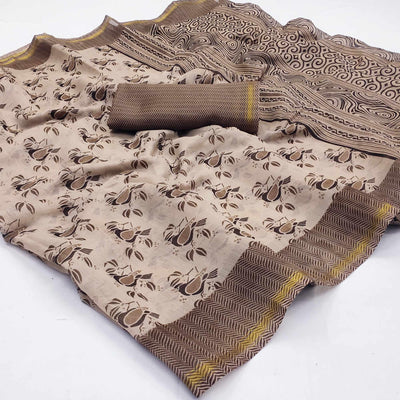 Brown Floral Printed Cotton Blend Saree