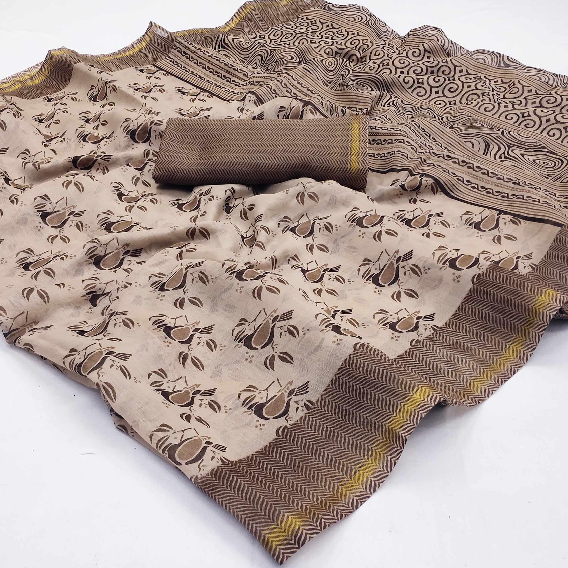Brown Floral Printed Cotton Blend Saree