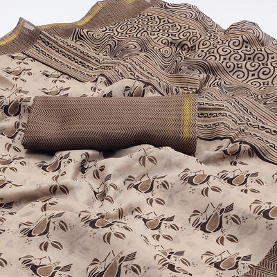Brown Floral Printed Cotton Blend Saree